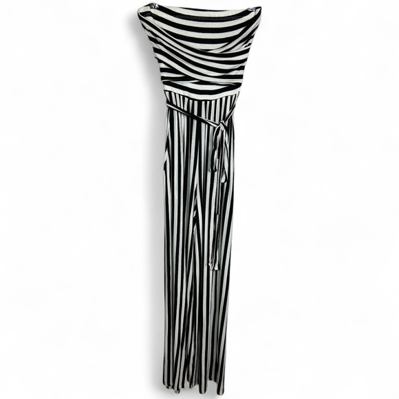 Meek Pants - Meek Black White Striped Jumpsuit Small Strapless Wide Leg Tie Waist Flowy